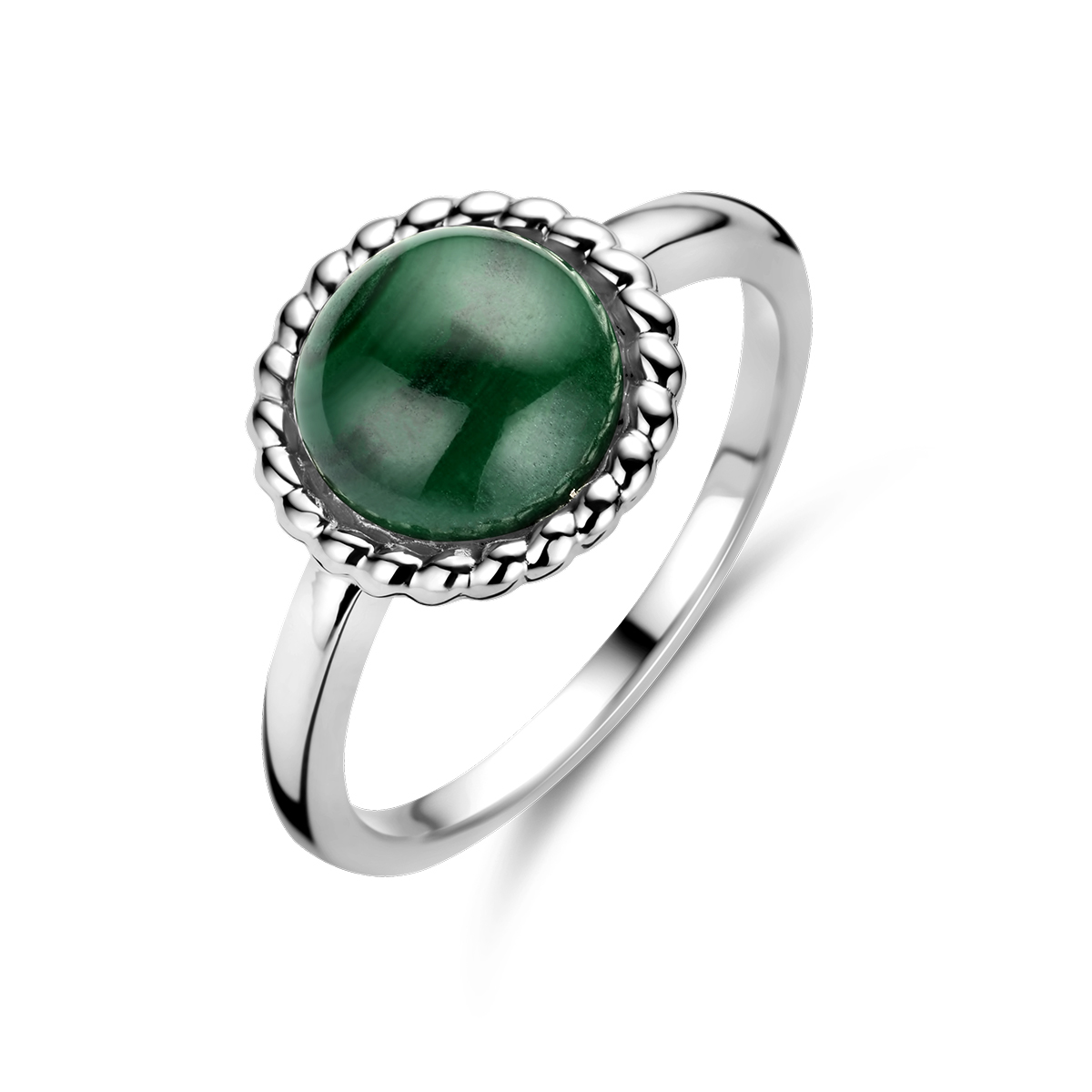 Gerhodineerd 925 zilveren ring uitgevoerd met malachiet. De ring heeft een breedte van 11mm.