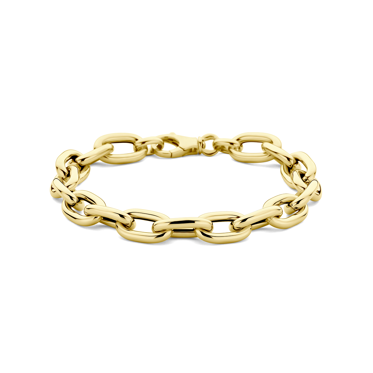 14k Geelgouden armband met een draaglengte van 19cm. De schakelbreedte is 8.5mm. Uitgevoerd met een karabijn sluiting.