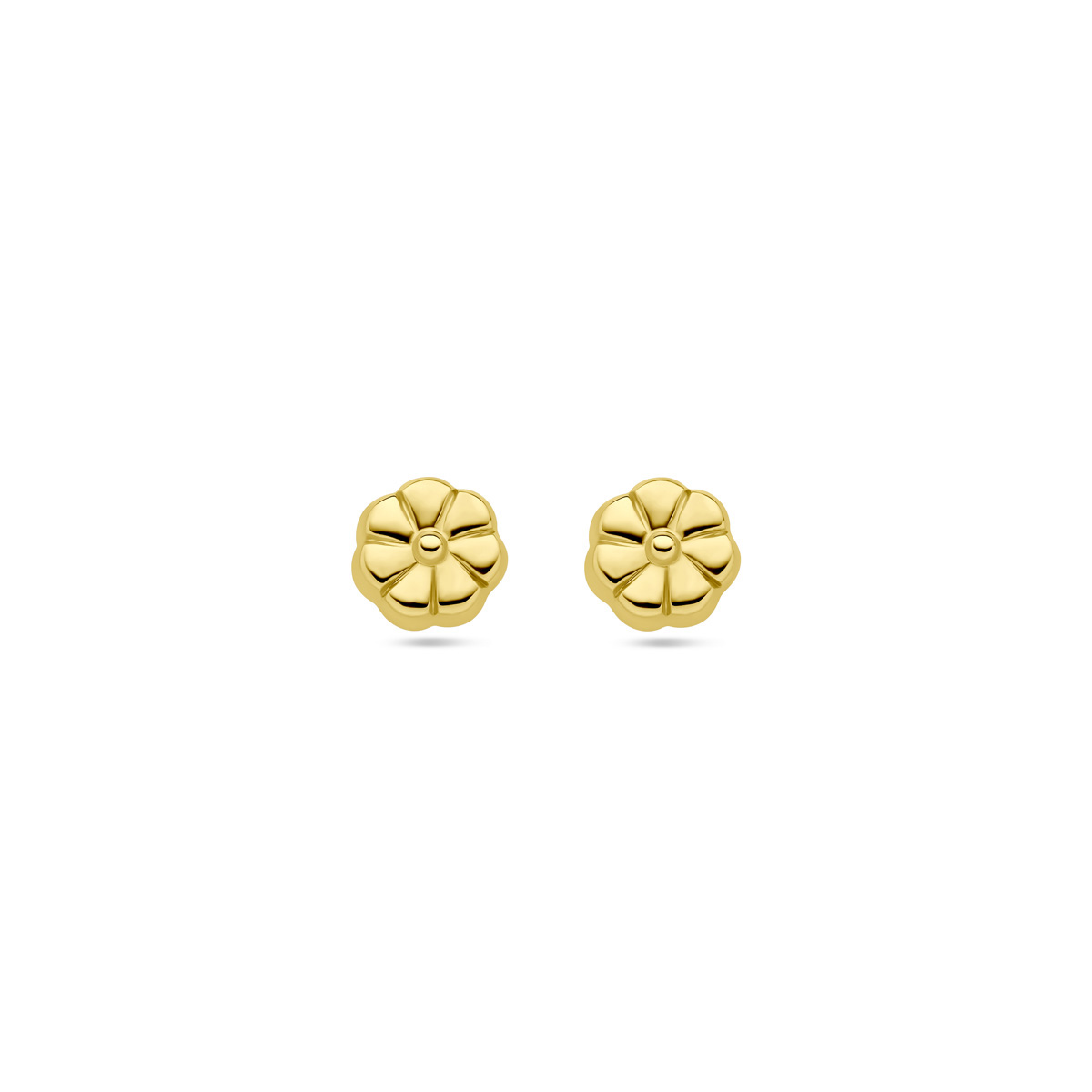 14k Geelgouden oorknoppen uitgevoerd in de vorm van een bloem. De oorknoppen hebben een diameter van 5mm.