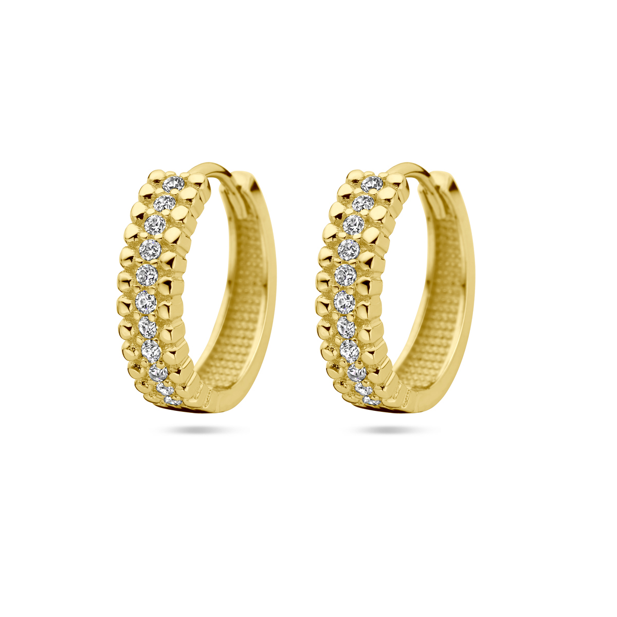 14k Geelgouden klapoorringen uitgevoerd met zirkonia. De oorringen hebben een diameter van 14mm.