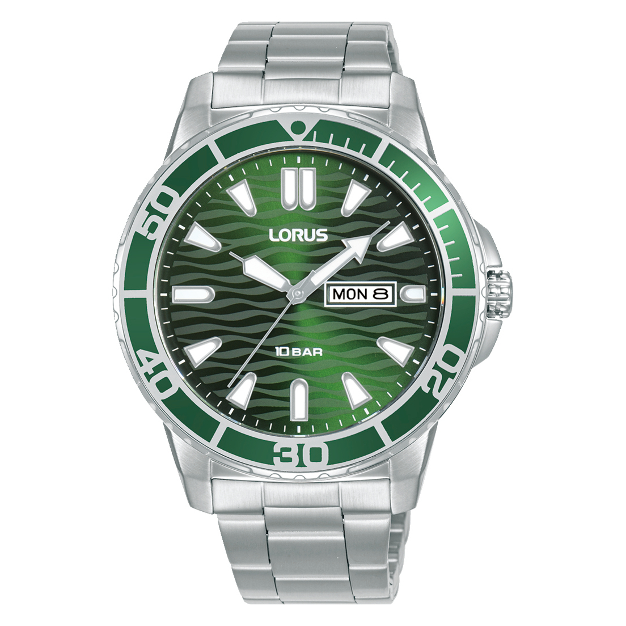 Dit is een herenhorloge van het merk Lorus. Het is een analoog horloge gemaakt van staal. De diameter van de kast is 42 mm en de kast is 10.2 mm dik.
De verdere specificaties van het horloge zijn als volgt:
Kastvorm: rond
Kastkleur: zilverkleurig
Kastmateriaal: staal
Bandbreedte: 20 mm
Bandlengte: 267 mm
Sluiting: vouwsluiting met drukker
Wijzerplaatkleur: groen
Glassoort: hardlex mineraal glas
Waterdichtheid: 10 ATM
Techniek: quartz