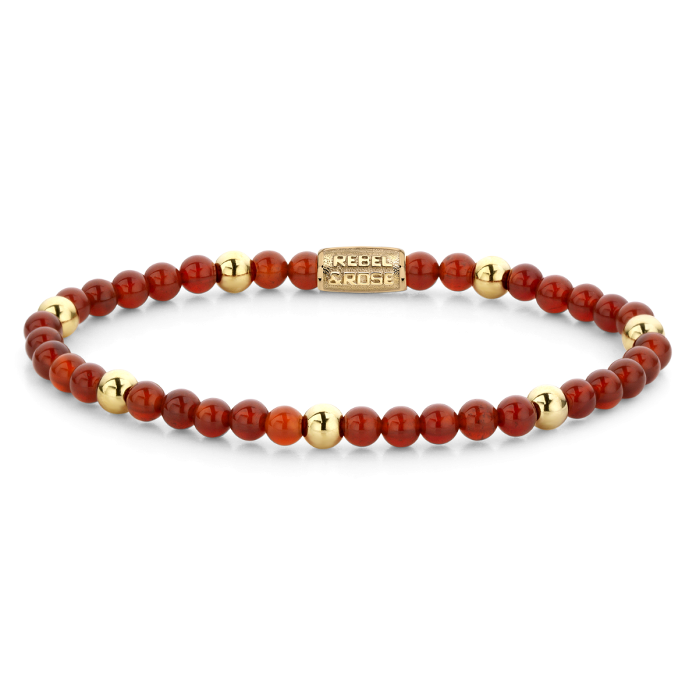 Armband van het merk Rebel & Rose. De armband heeft een hoogwaardige elastische stretch koord, met 4mm van Rode Agaat, RVS 18kt ion-gold plated.