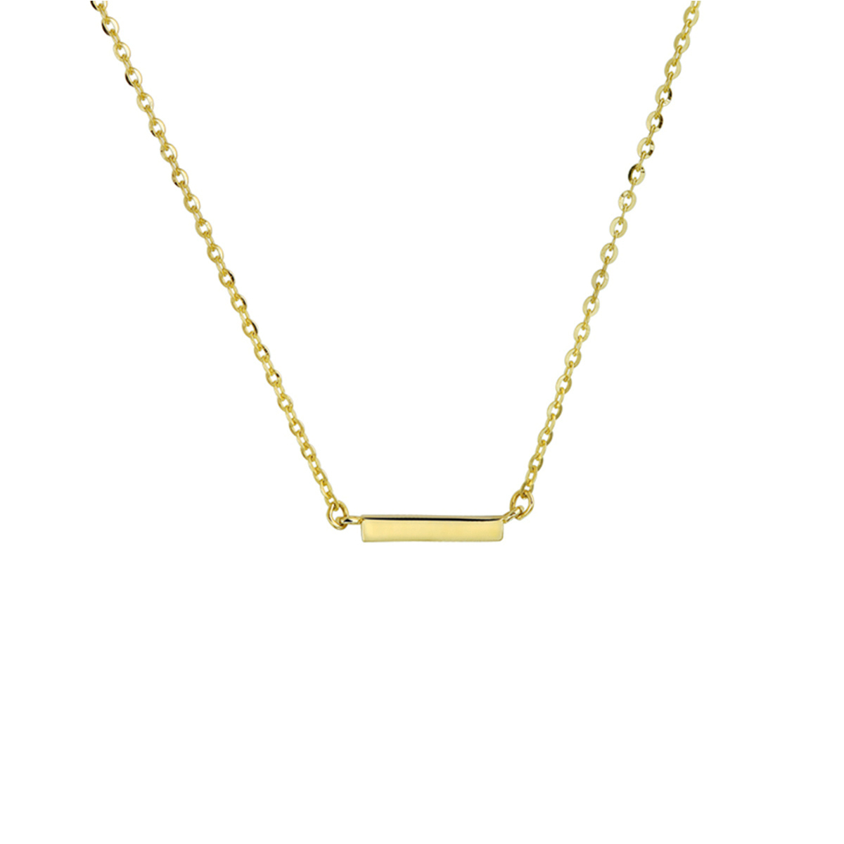 Geelgouden collier met een balkje. Met draaglengtes van 41, 43 en 45cm en de schakelbreedte is 1mm.
