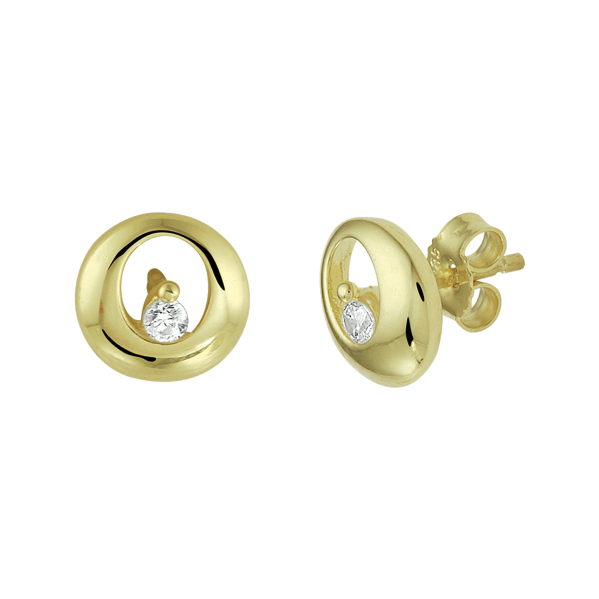 Beschrijving: Ronde oorknoppen van 14k geelgoud. De doorsnede van het rondje is 8,5mm. In het hart vind je een transparante zirkonia steen van 2mm.