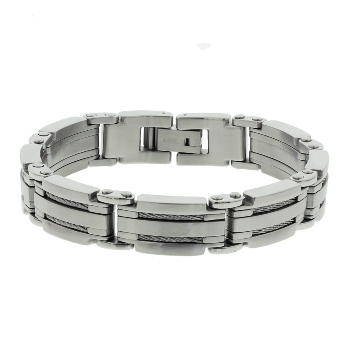 Stalen armband met staaldraad en een poli/matte afwerking. 
Doelgroep: heren
Breedte: 14 mm
Langste lengte: 22 mm