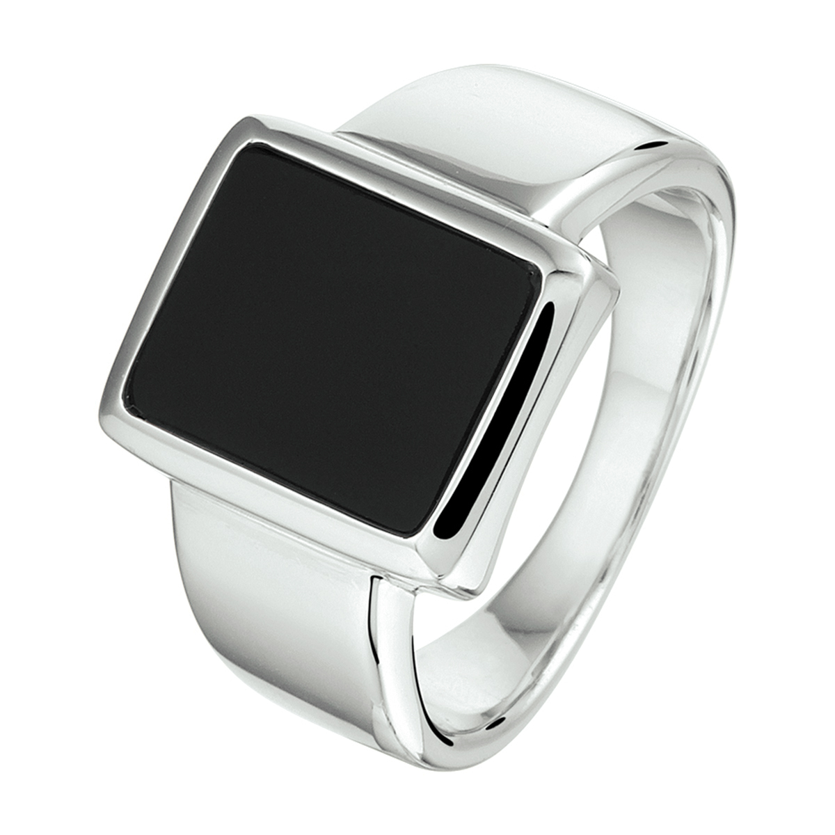 Gerhodineerd 925 zilveren zegelring uitgevoerd met een schitterende onyx. De ring heeft een breedte van 12mm.