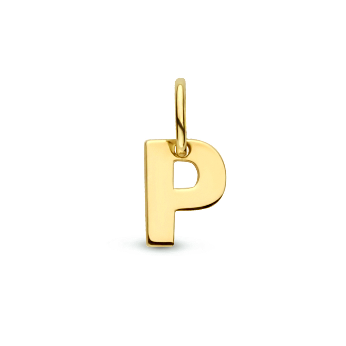 14k Geelgouden hanger uitgevoerd in de letter P. De hanger heeft een totale hoogte van 1cm en een breedte van 4.5mm.