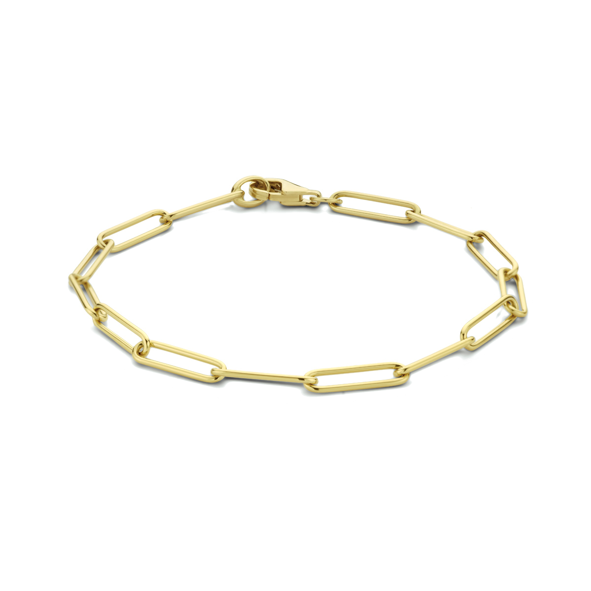14k Geelgouden armband uitgevoerd met een paperclip schakel en een karabijnslot. De armband heeft een draaglengte van 19cm.