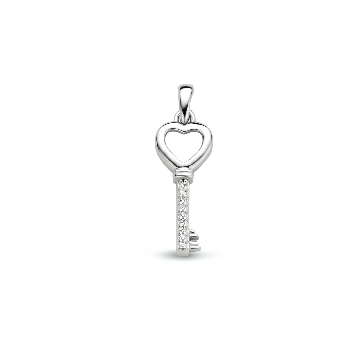 Gerhodineerd 925 zilveren hanger uitgevoerd in de vorm van een sleutel en met een schitterende zirkonia rij. De hanger heeft een totale hoogte van 2.6cm en een breedte van 8.5mm.