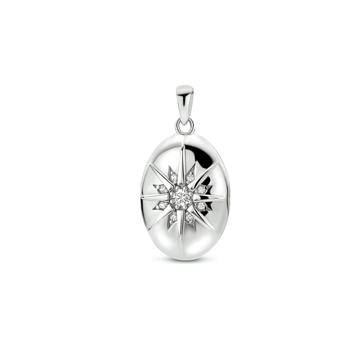 Gerhodineerd 925 zilveren medaillon uitgevoerd met helder zirkonia. De medaillon heeft een totale hoogte van 26mm en een breedte van 13.5mm.