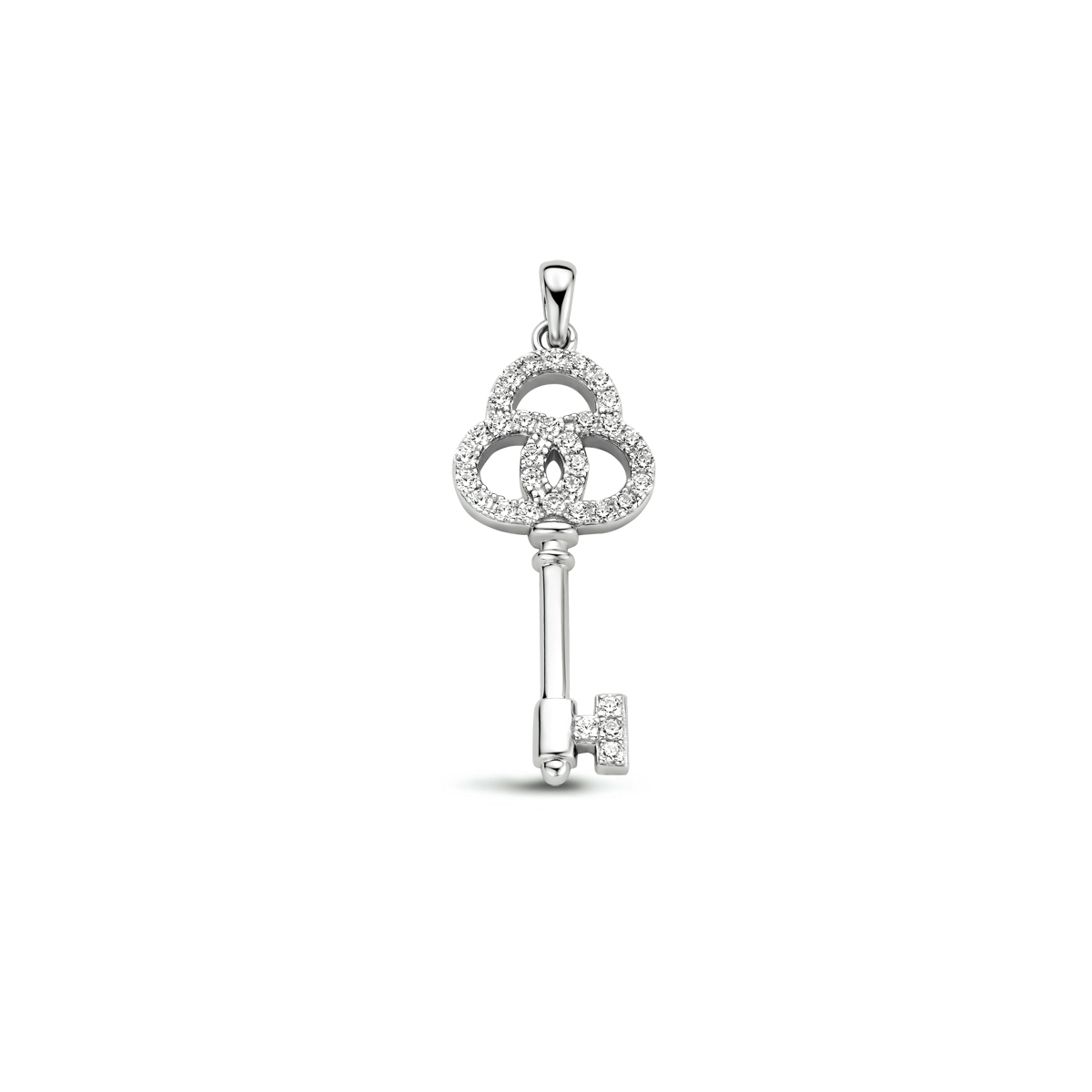 Gerhodineerd 925 zilveren hanger uitgevoerd in de vorm van een sleutel en met schitterend zirkonia. De hanger heeft een totale hoogte van 3.8cm en een breedte van 13.5mm.