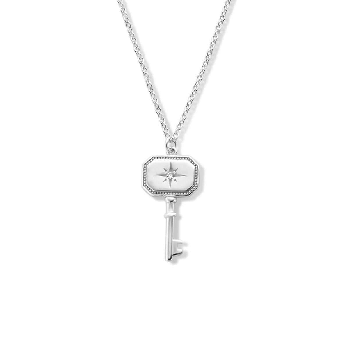 Gerhodineerd 925 zilveren collier uitgevoerd met een sleutel eneen karabijn sluiting. Het collier heeft een draaglengte van 41cm met een extensie van 4cm.
