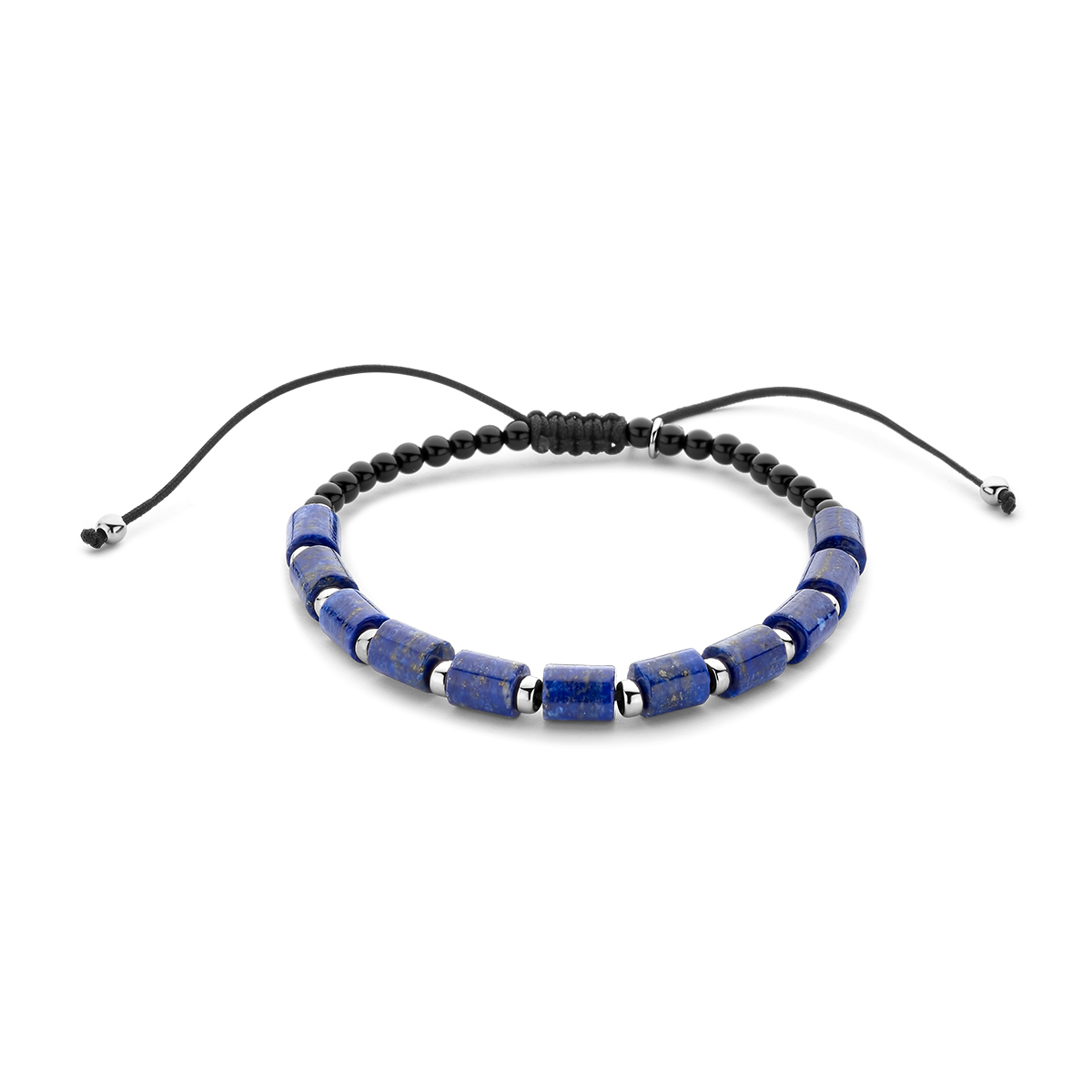 Gerhodineerd 925 zilveren armband uitgevoerd met lapis en onyx stenen. De armband heeft een verstelbare draaglengte van 16 tot 26cm.