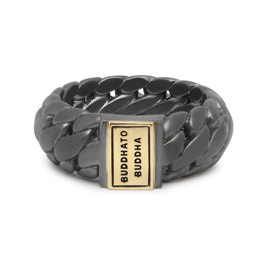 Buddha to Buddha - Ben Small Ring Black Rhodium Gold, Zwart gerhodineerd zilver met gouden logo 542BRG maat 20 - 001J02542B120