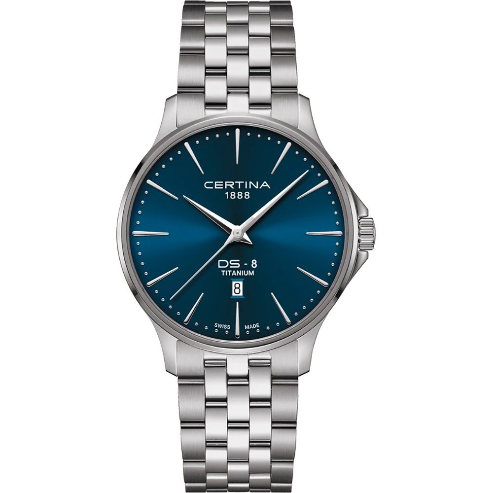 Certina staal herenhorloge met saffier glas, stalen band met vlindersluiting en blauwe wijzerplaat, DS-8 serie 