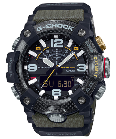 Dit model uit de G-Shock Mudmaster-serie is ontworpen voor gebruik in extreme omgevingen met veel puin, vuil en afval, en is gemaakt van koolstofmaterialen. De behuizing van stevige koolstof voorkomt schade en vervorming en zorgt voor een hoge luchtdichtheid en schokbestendigheid. Dit model is ook voorzien van een filter dat beschermt tegen het binnendringen van modder, een paneel op de achterkant van roestvrij staal en een achterkant van schokbestendig fijn hars met glasvezel, waardoor het een hoge mate van weerstand tegen stof en modder biedt. De rand is ook voorzien van drie lagen fijne hars met koolstofvezelinzetstukken en doet denken aan een draagbare jerrycan die in off-road-voertuigen te zien waren. Dit model is functioneel en wordt geleverd met kompas, hoogtemeter/barometer, temperatuurlezer en stappenteller. U kunt niet alleen eenvoudig de tijd corrigeren met de speciale G-Shock-app, maar er zijn ook veel andere handige functies, zoals de Mission Log-functie, die automatisch hoogtegegevens van de app vastlegt die zijn verkregen met het horloge en routegegevens die zijn verkregen met uw smartphone. Dit is een stoer horloge dat u ondersteunt bij het nemen van snelle beslissingen en uitvoeren van nauwkeurige acties.
