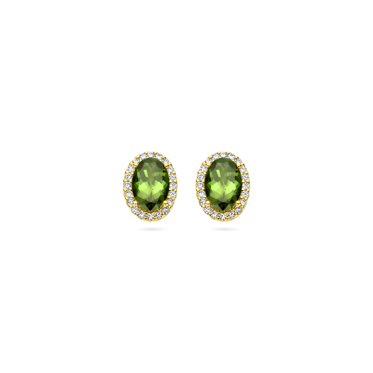 14k Geelgouden oorknoppen uitgevoerd met groen toermalijn en diamant. De oorknoppen hebben een afmeting van 8x6mm.