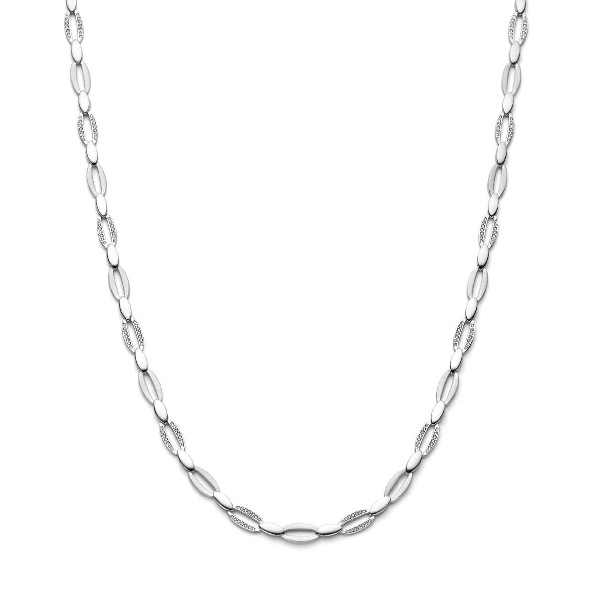 Gerhodineerd 925 zilveren collier uitgevoerd met zirkonia. Het collier heeft een schakelbreedte van 6mm en draaglengte van 45cm. Uitgevoerd met karabijnsluiting.