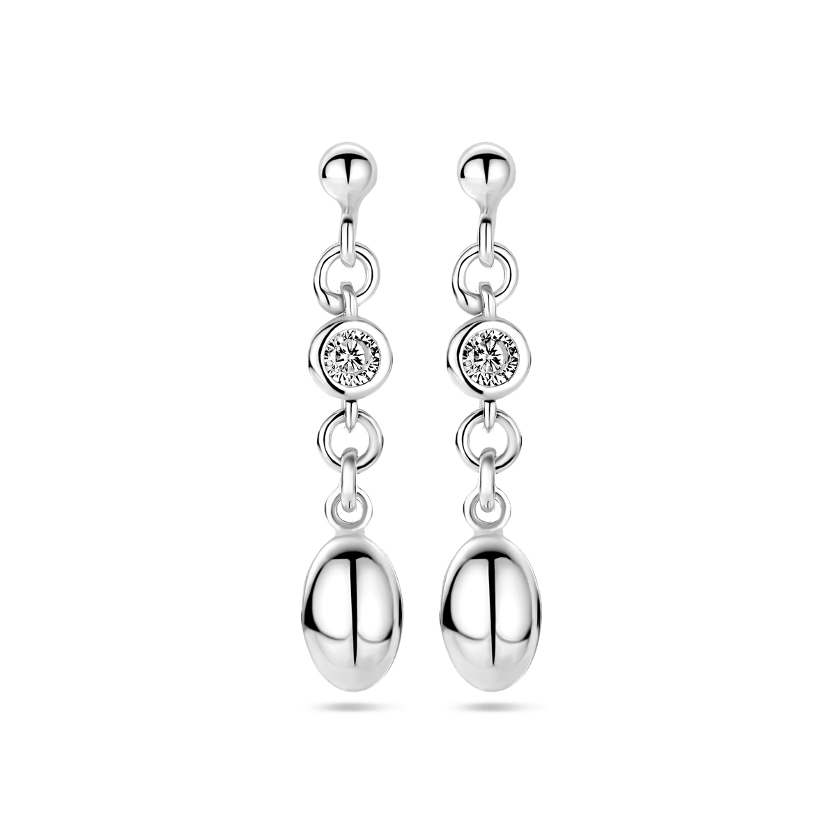 Gerhodineerd 925 zilveren oorhangers uitgevoerd met zirkonia. De oorhangers hebben een totale hoogte van 28mm.