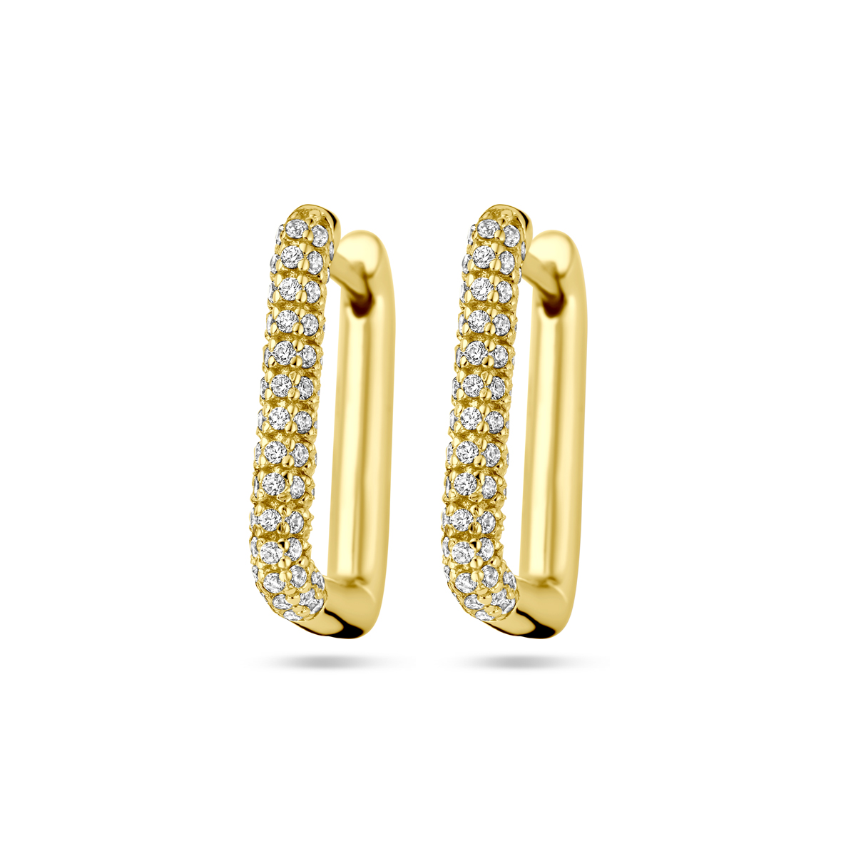Geelgoud op 925 zilveren klapoorringen uitgevoerd met zirkonia. De klapoorringen hebben een afmeting van 14.5x2mm. Geen garantie op de plating.
