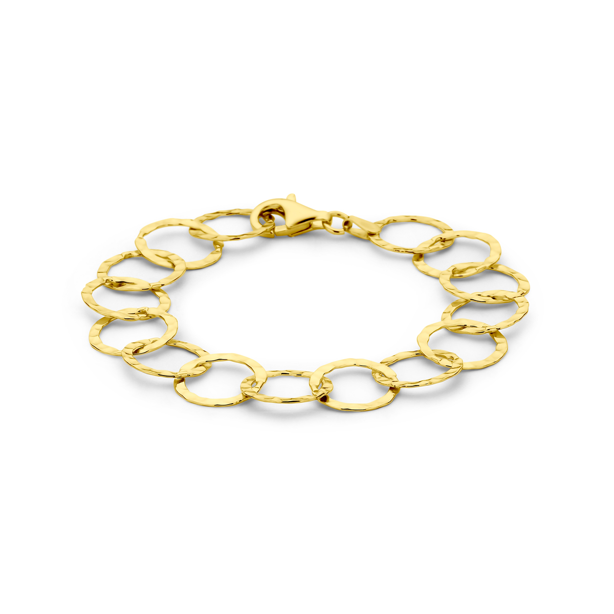 Geelgoud op 925 zilveren armband uitgevoerd met cirkels. De armband heeft een draaglengte van 19cm en is uitgevoerd met karabijnsluiting. De schakelbreedte is 14mm. Geen garantie op de plating.