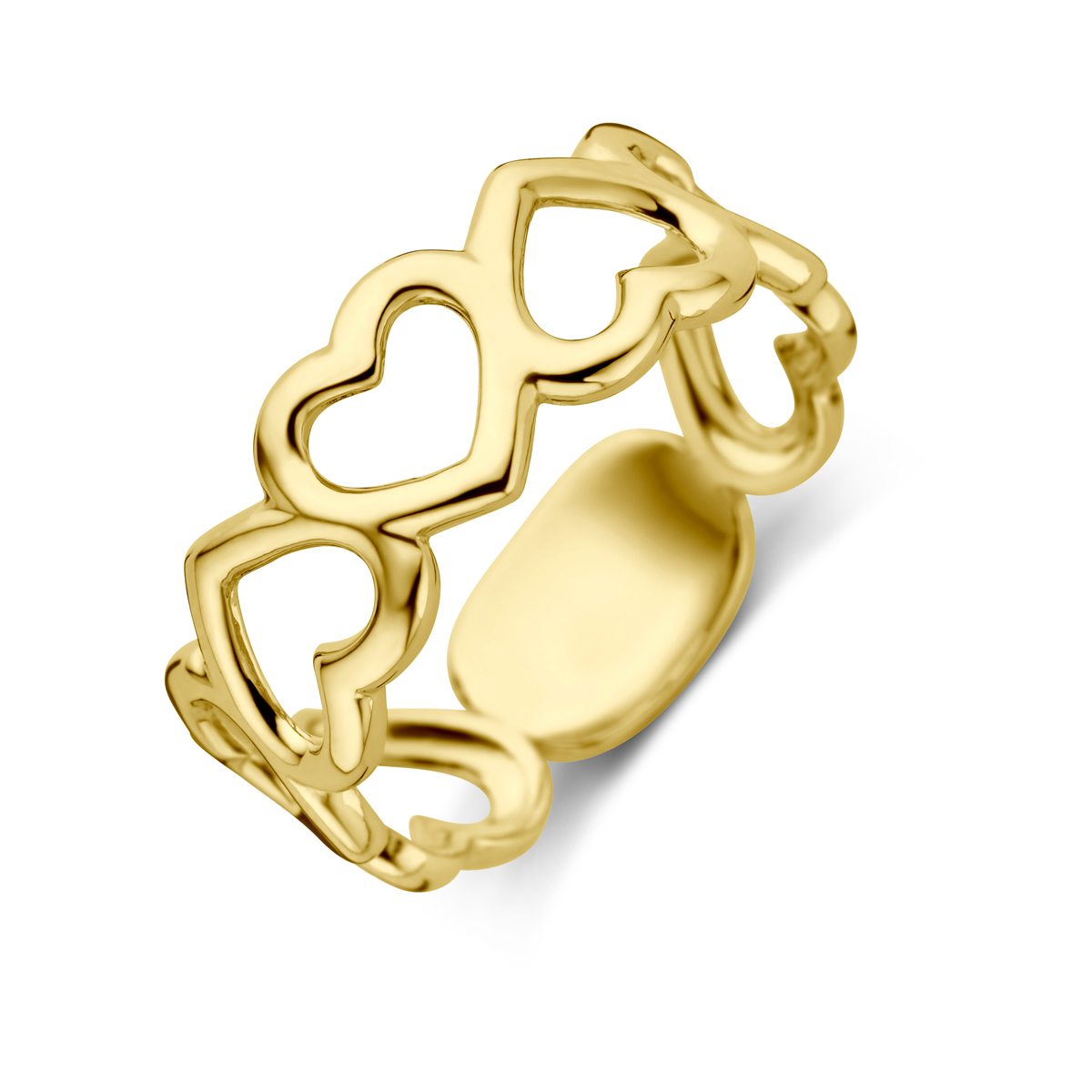 14k Geelgouden ring uitgevoerd met hartjes. De ring heeft een breedte van 7mm.
