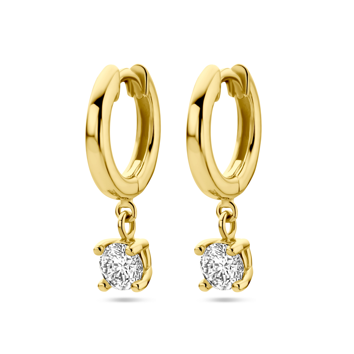 14k Geelgouden klapoorringen uitgevoerd met zirkonia. De oorringen hebben een totale hoogte van 18mm.