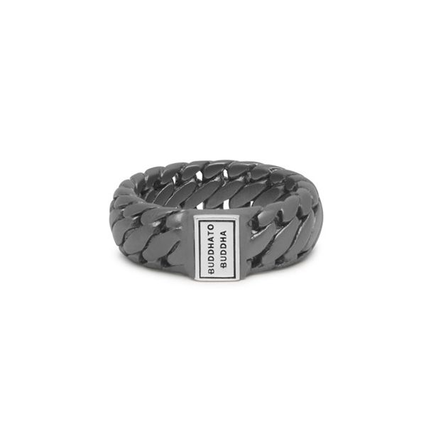 Buddha to Buddha - Ben Small Ring Black Rhodium Silver, Zwart gerhodineerd zilver met zilveren logo 542BRS maat 21 - 001J02542B221