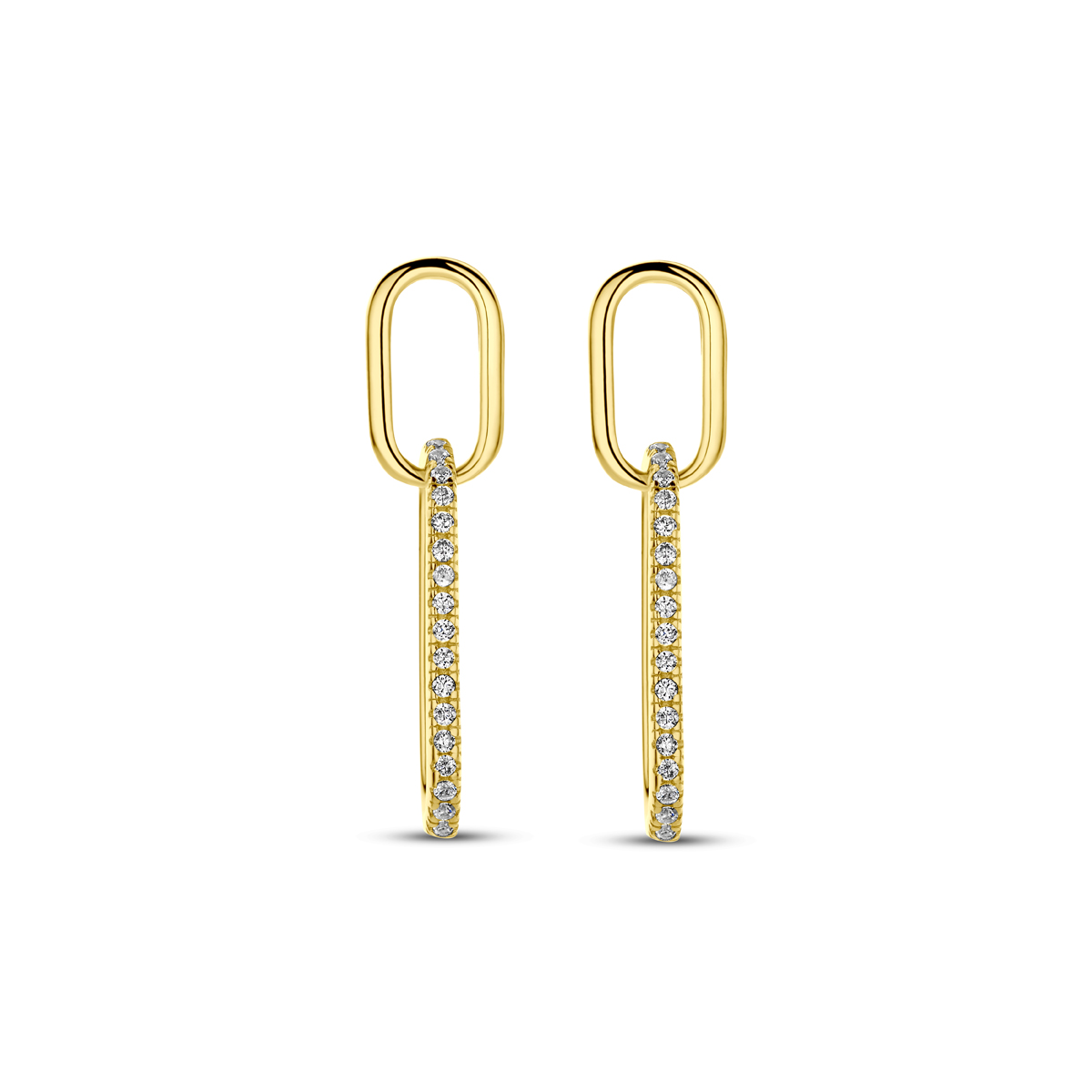 Geelgoud op 925 zilveren oorhangers uitgevoerd met zirkonia. De oorhangers hebben een totale hoogte van 24mm. Geen garantie op de plating.