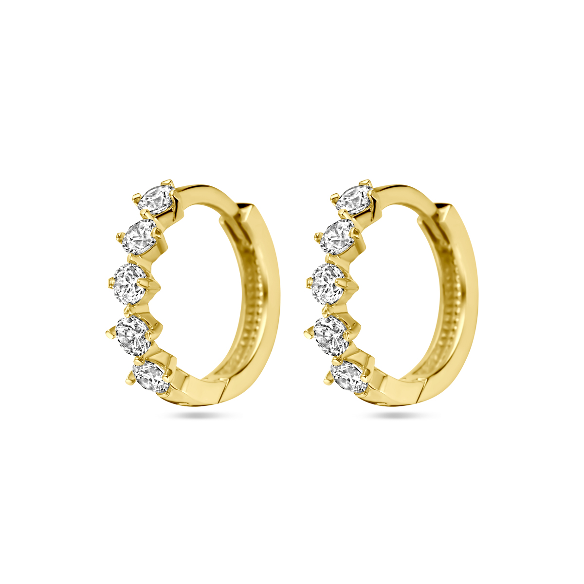 14k Geelgouden klapoorringen uitgevoerd met zirkonia. De oorringen hebben een diameter van 12mm.