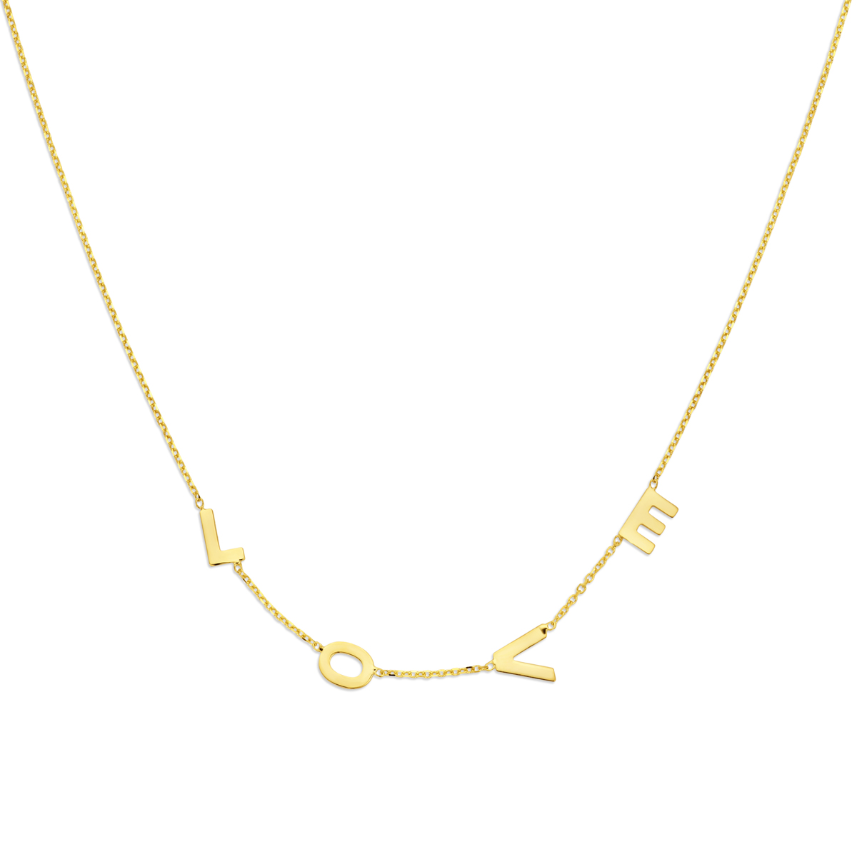 14k Geelgouden collier uitgevoerd met de tekst love. Het collier heeft een draaglengte van 42cm met 3cm extensie.
