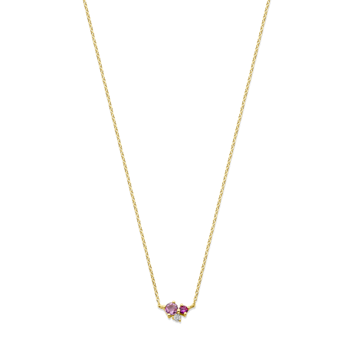 14k Geelgouden collier uitgevoerd met roze saffier en diamant. Het collier heeft draaglengtes van 41-43-45. De totale diamantgewicht is 0.03ct. Uitgevoerd met karabijnsluiting.