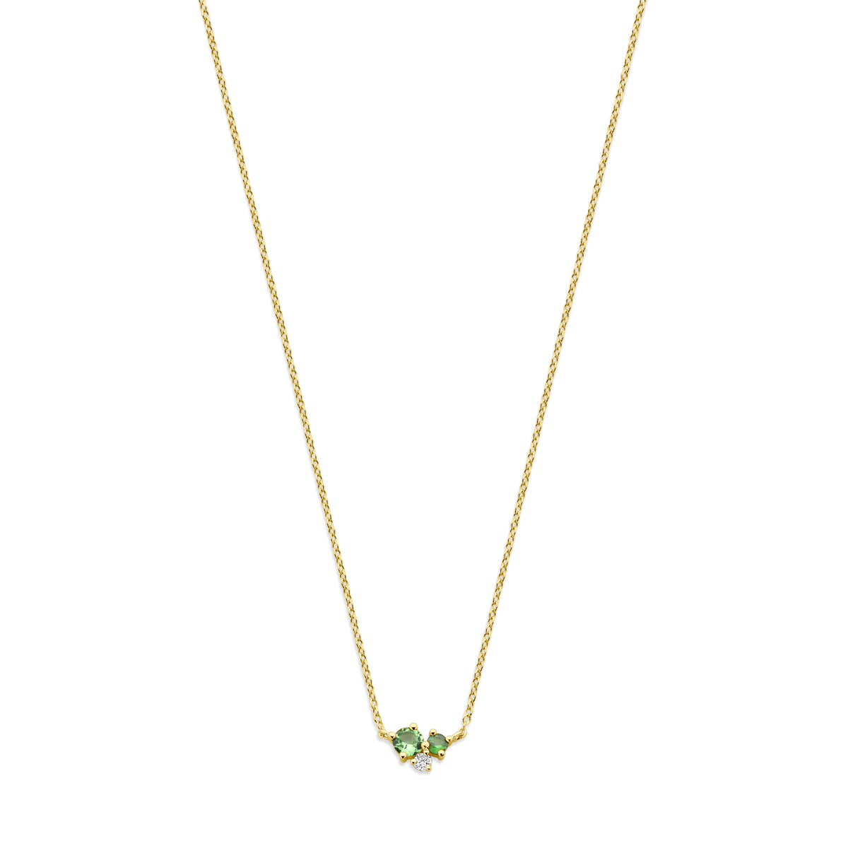 14k Geelgouden collier uitgevoerd met tsavoriet en diamant. Het collier heeft draaglengtes van 41-43-45cm. De totale diamantgewicht is 0.03ct. Uitgevoerd met karabijnsluiting.