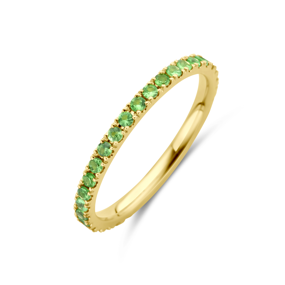 14k Geelgouden ring uitgevoerd met tsavoriet. De ring heeft een breedte van 2mm.