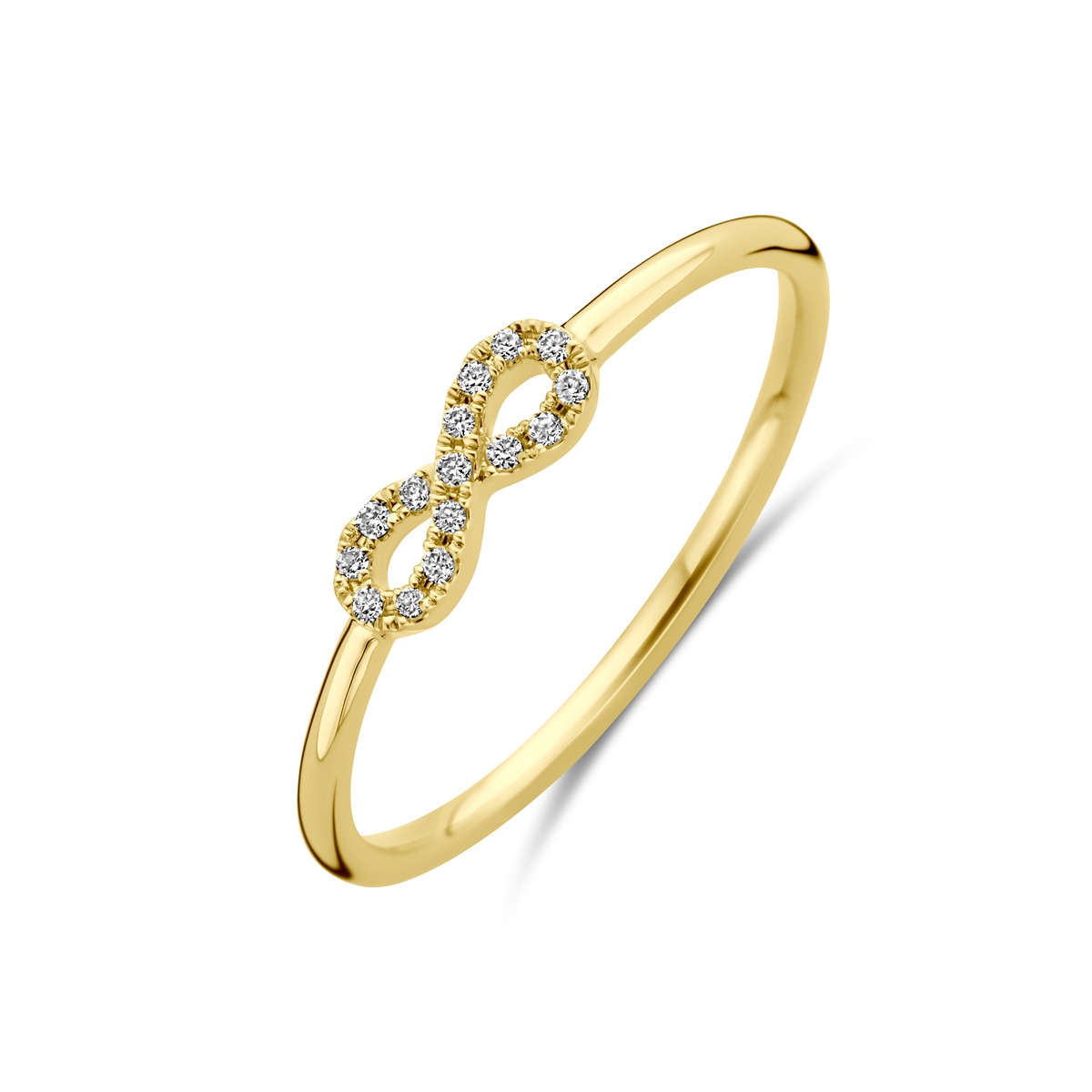 14k Geelgouden ring uitgevoerd met infinity en diamant. De ring heeft een afmeting van 3.5x9mm. De totale diamantgewicht is 0.05ct.