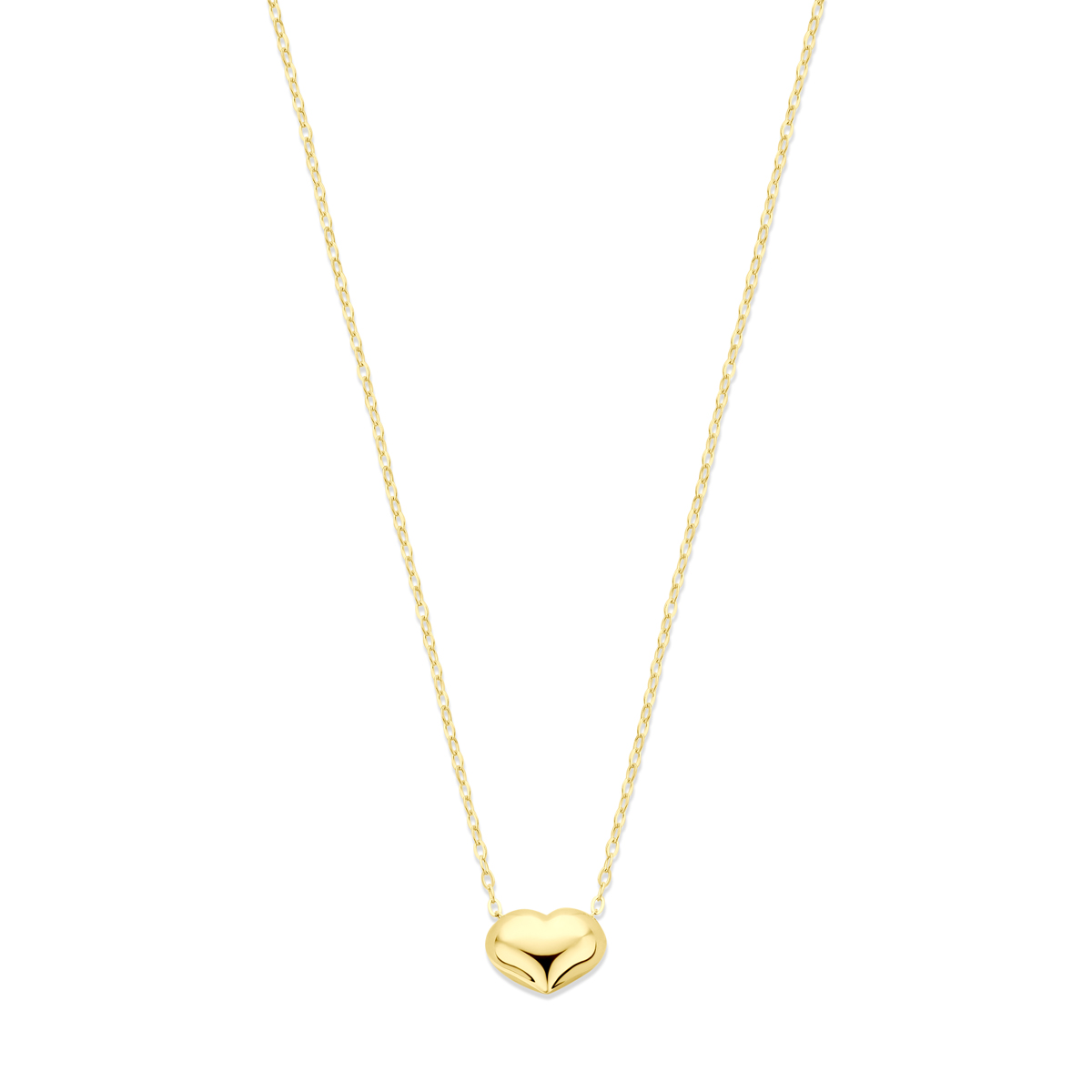 14k Geelgouden collier uitgevoerd met een hartje. Het collier heeft draaglengtes van 42-45cm.