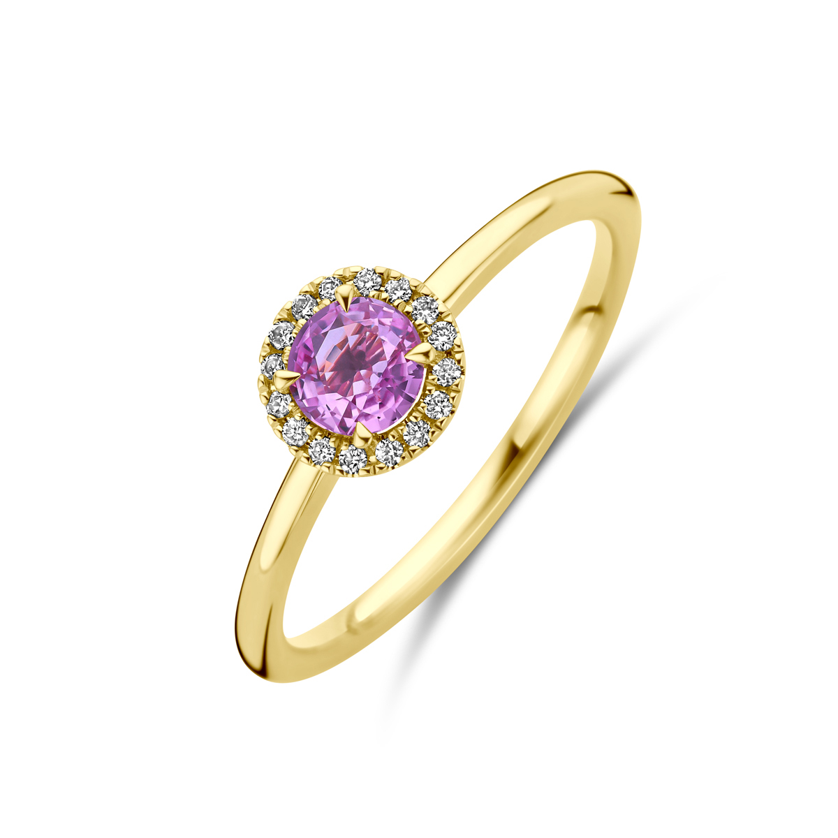 gouden ring met briljant, ovaal roze saffier+0.056ct mt56