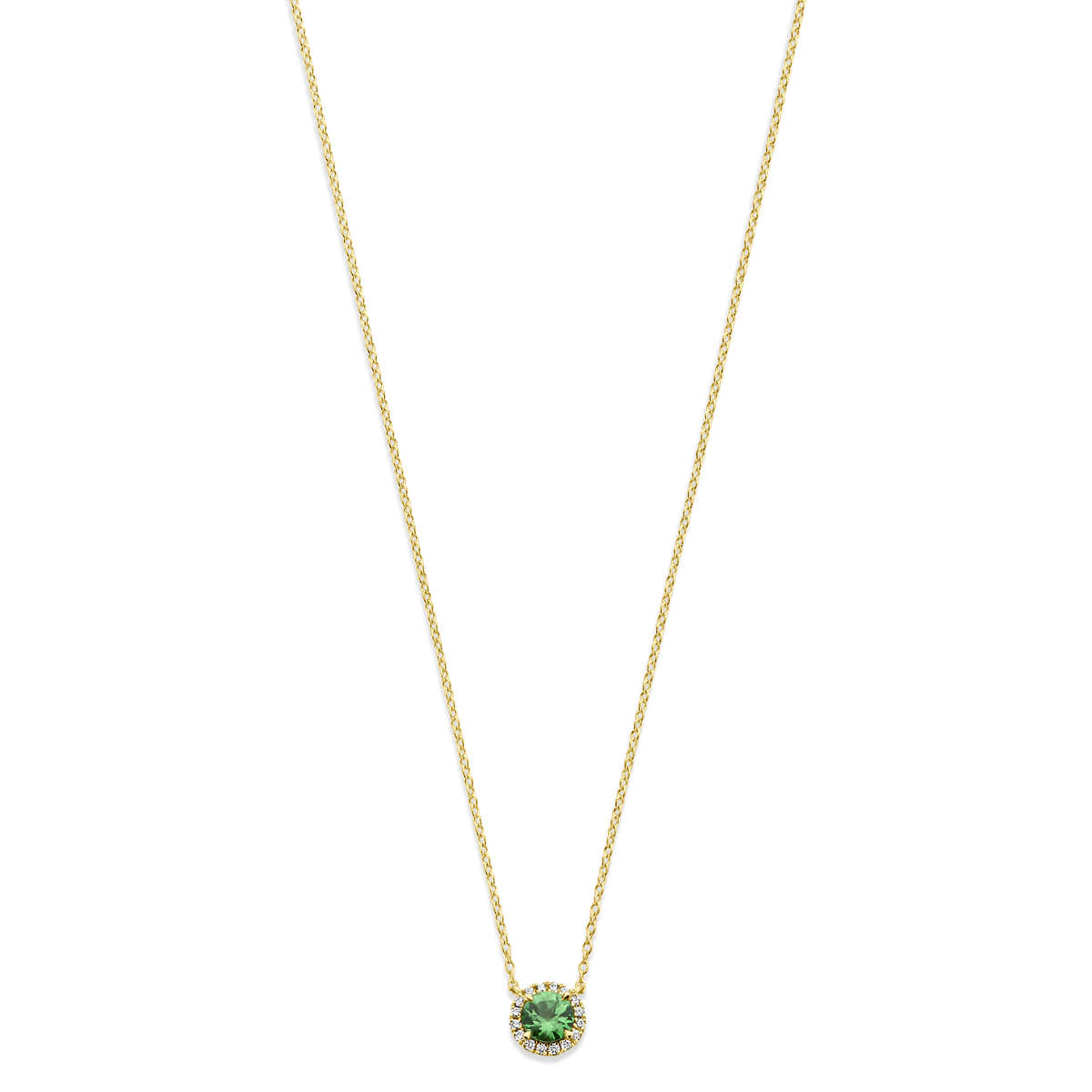 14k Geelgouden collier uitgevoerd met tsavoriet en diamant. Het collier heeft draaglengtes van 41-43-45cm. Het totale diamantgewicht is 0.05ct. Uitgevoerd met karabijnsluiting.