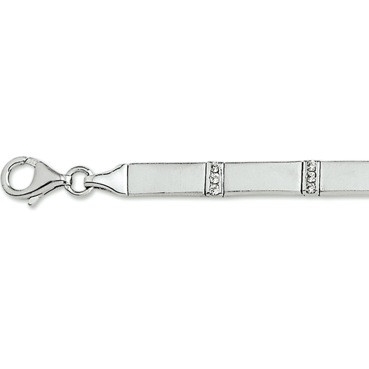 Beschrijving: Gerhodineerd zilveren armband met zirkonia en een poli/matte afwerking. 
Verpakt per: 1
Doelgroep: dames
Breedte: 5 mm
Langste lengte: 19 mm
Zetting: entourage (rijzetting)