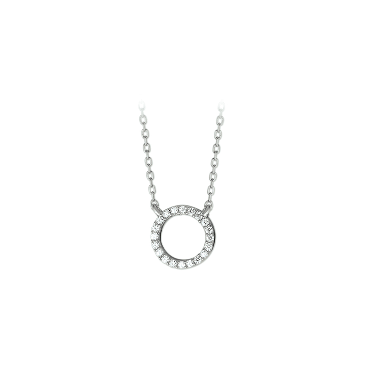 Gerhodineerd zilveren collier met open cirkel en zirkonia. De lengte van het collier bedraagt 40cm met 4cm extensie. De schakelbreedte bedraagt 1.1mm. 
Doelgroep: dames
Breedte: 1 mm
Kortste lengte: 40 cm
Langste lengte: 44 cm
Zetting: entourage (rijzetting)