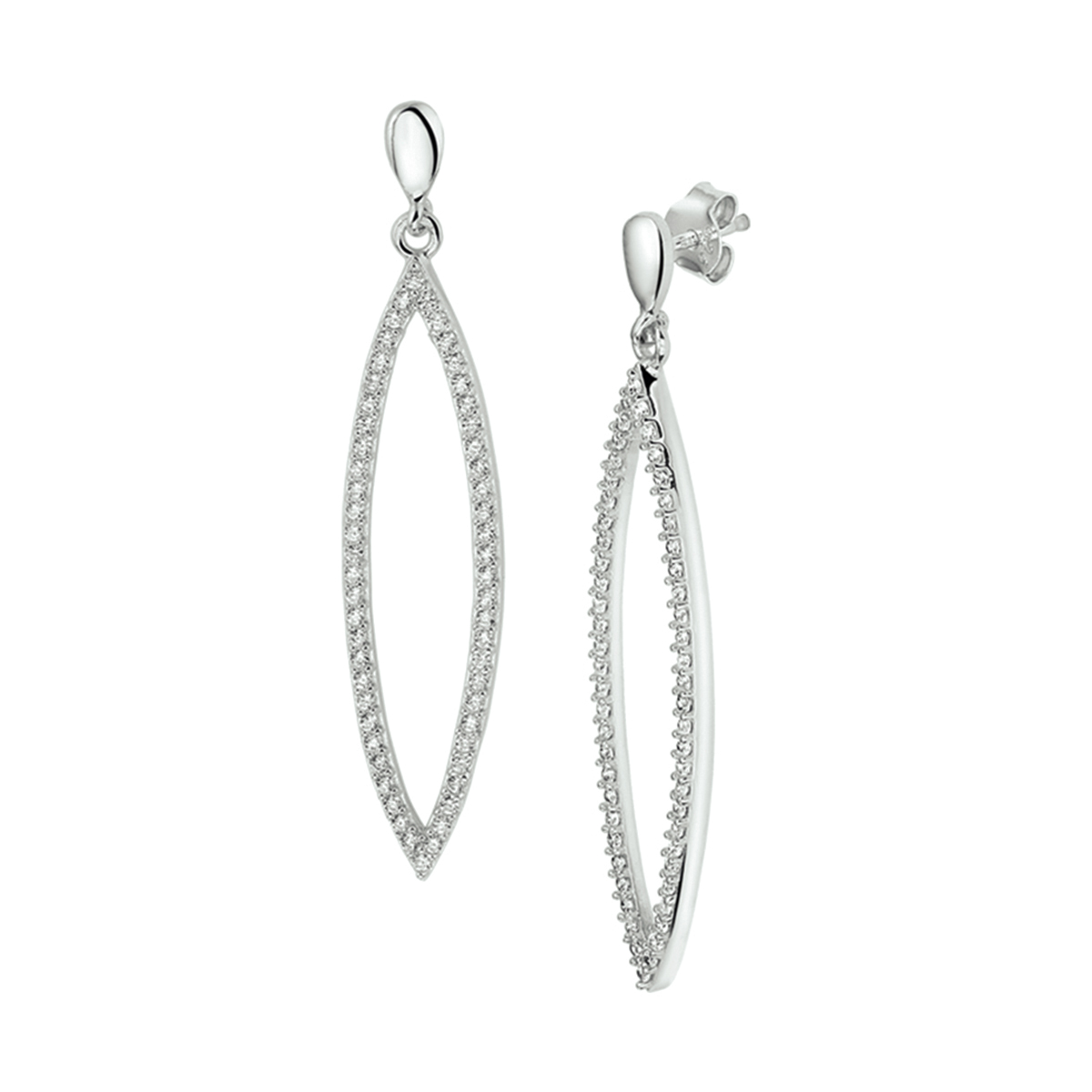 Zilveren oorsieraden , oorsteker met ovale hangers, open met zirkonia.