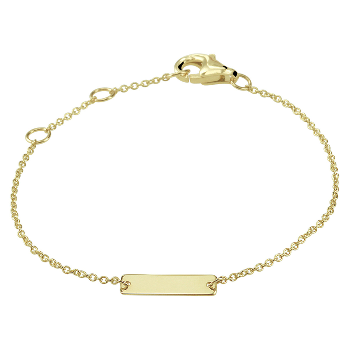 14k Geelgouden anker armband uitgevoerd met een graveerplaat van 3x12mm en een stevige karabijn sluiting. De armband heeft een schakelbreedte van 1.0mm en draaglengtes van 11, 12 en 13cm.