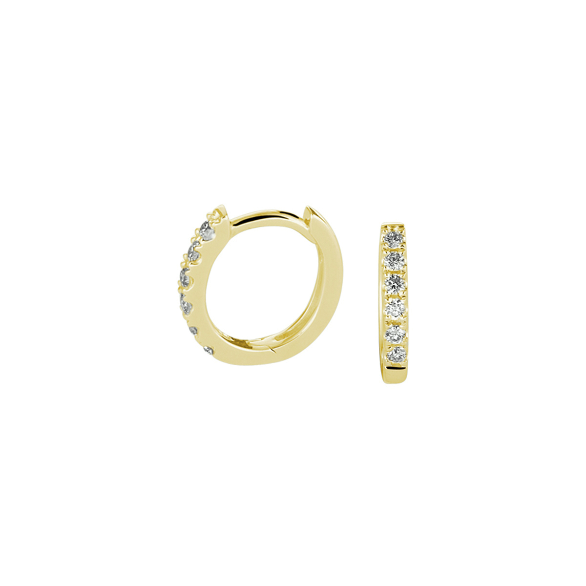 14k Geelgouden klapoorringen met een stevig scharnier uitgevoerd met een schitterende diamant rij. De oorringen hebben een afmeting van 9x1.5mm.