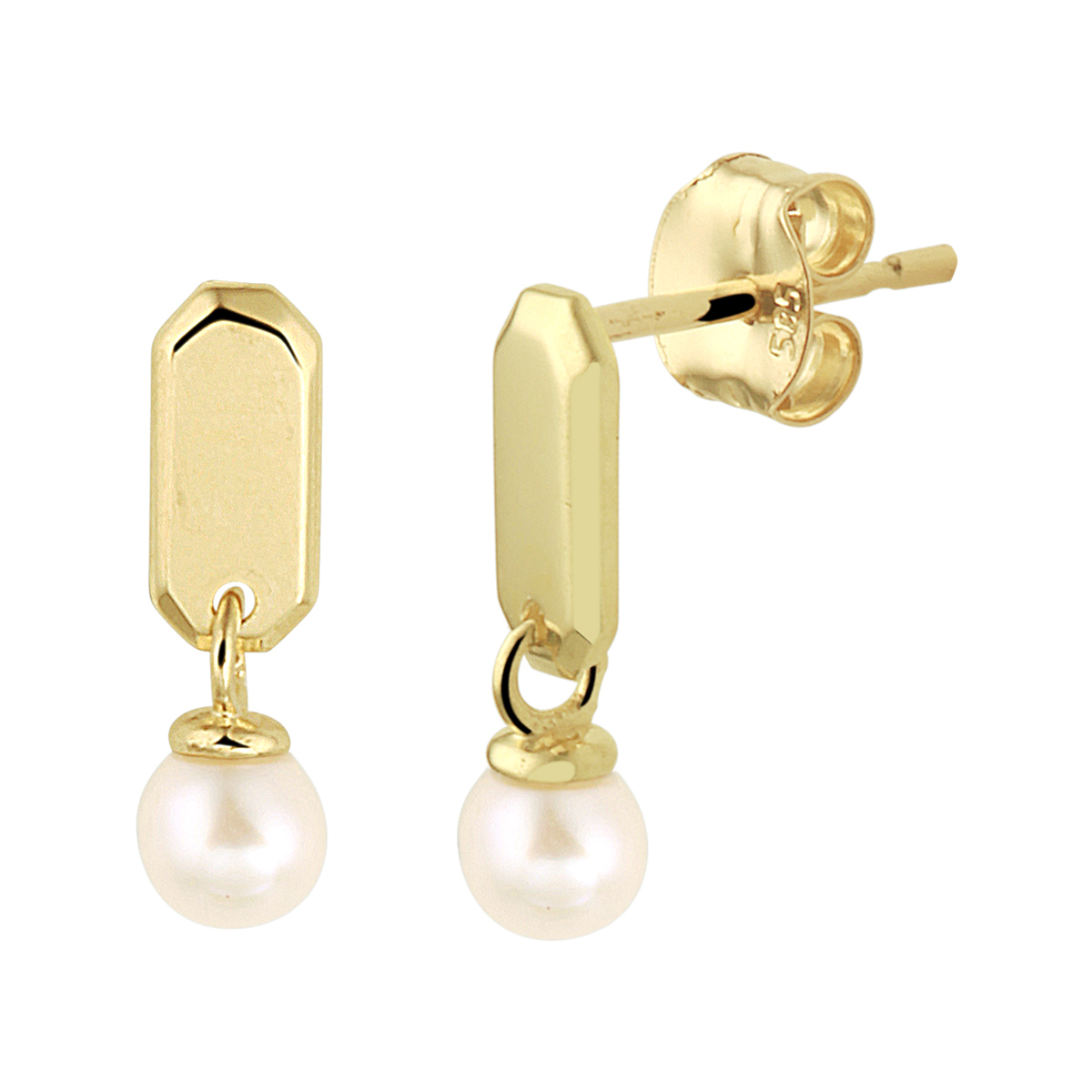 14k Geelgouden oorhangers uitgevoerd met een schitterende parel. De oorhangers hebben een totale hoogte van 1.1cm en een breedte van 3mm.