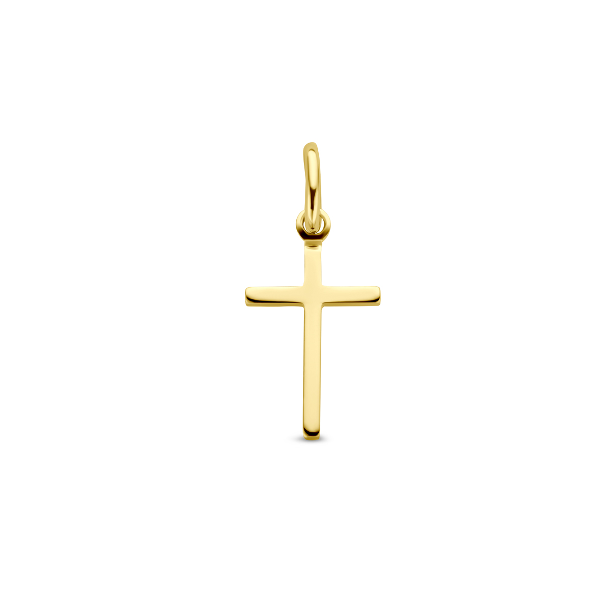 Beschrijving: Geelgouden hanger met een kruis. 
Doelgroep: unisex
Breedte: 9 mm
Hoogte: 15.5 mm