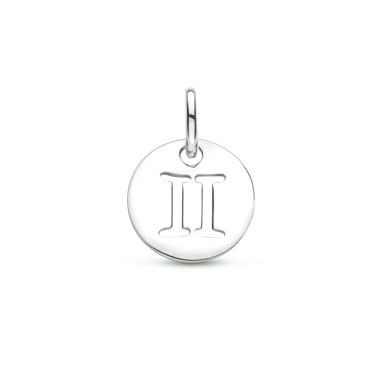 Gerhodineerd 925 zilveren hanger uitgevoerd met het sterrenbeeld tweeling. De hanger heeft een totale hoogte van 1.3cm en een diameter van 10mm.