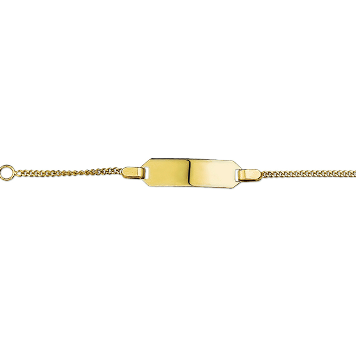 Beschrijving: Geelgouden graveerarmband met een poli afwerking. De lengte van de armband bedraagt 9cm met 2cm extensie en heeft een schakelbreedte van 1.0 mm.
Doelgroep: kinderen
Breedte: 17 mm
Kortste lengte: 9 cm
Langste lengte: 11 cm
Hoogte: 5 mm