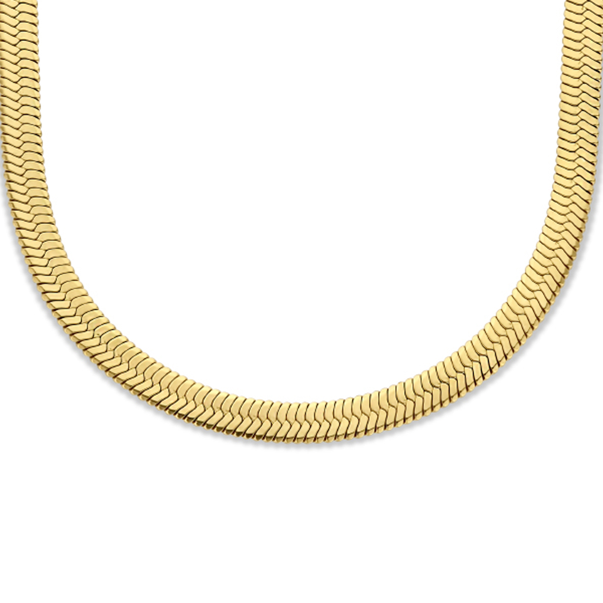 Staal omega collier uitgevoerd met een goudkleurige ion plating en een karabijn sluiting. Het collier heeft een draaglengte van 42cm. Geen garantie op plating.
