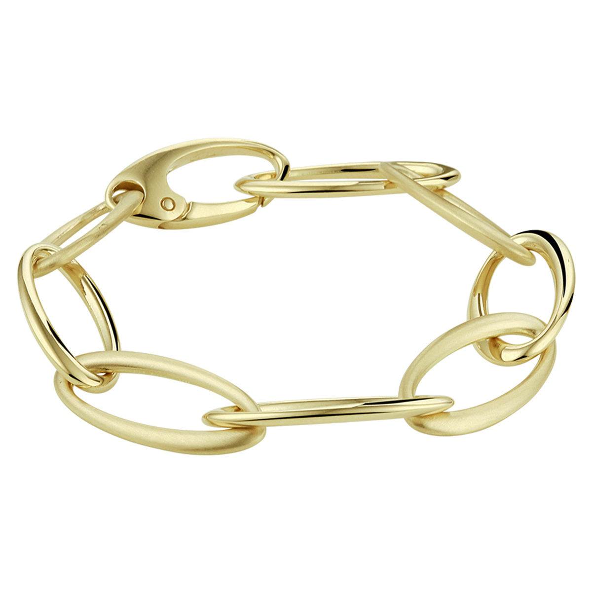 Stijlvolle geelgouden anker armband met een draaglengte van 19cm en een schakelbreedte van 13mm. De armband heeft om en om poli en mat afgewerkte schakels. Uitgevoerd met een stevige karabijn sluiting.