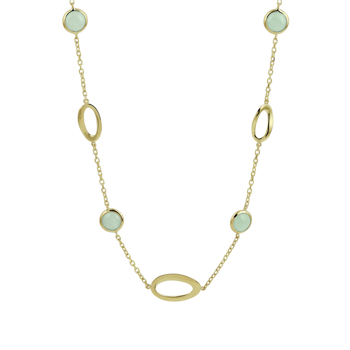 Pasteltinten zijn mooi! Tussen de 14k geelgouden ankerschakels van dit collier vind je gouden tussenstukjes en groene aventurijn edelstenen in een ronde zetkast van 7mm. De lengte van dit collier is 42cm, maar deze kan ook op 45cm gedragen worden. Op het breedste punt is het collier 9mm. Het collier wordt gesloten met een stevige karabijnsluiting.